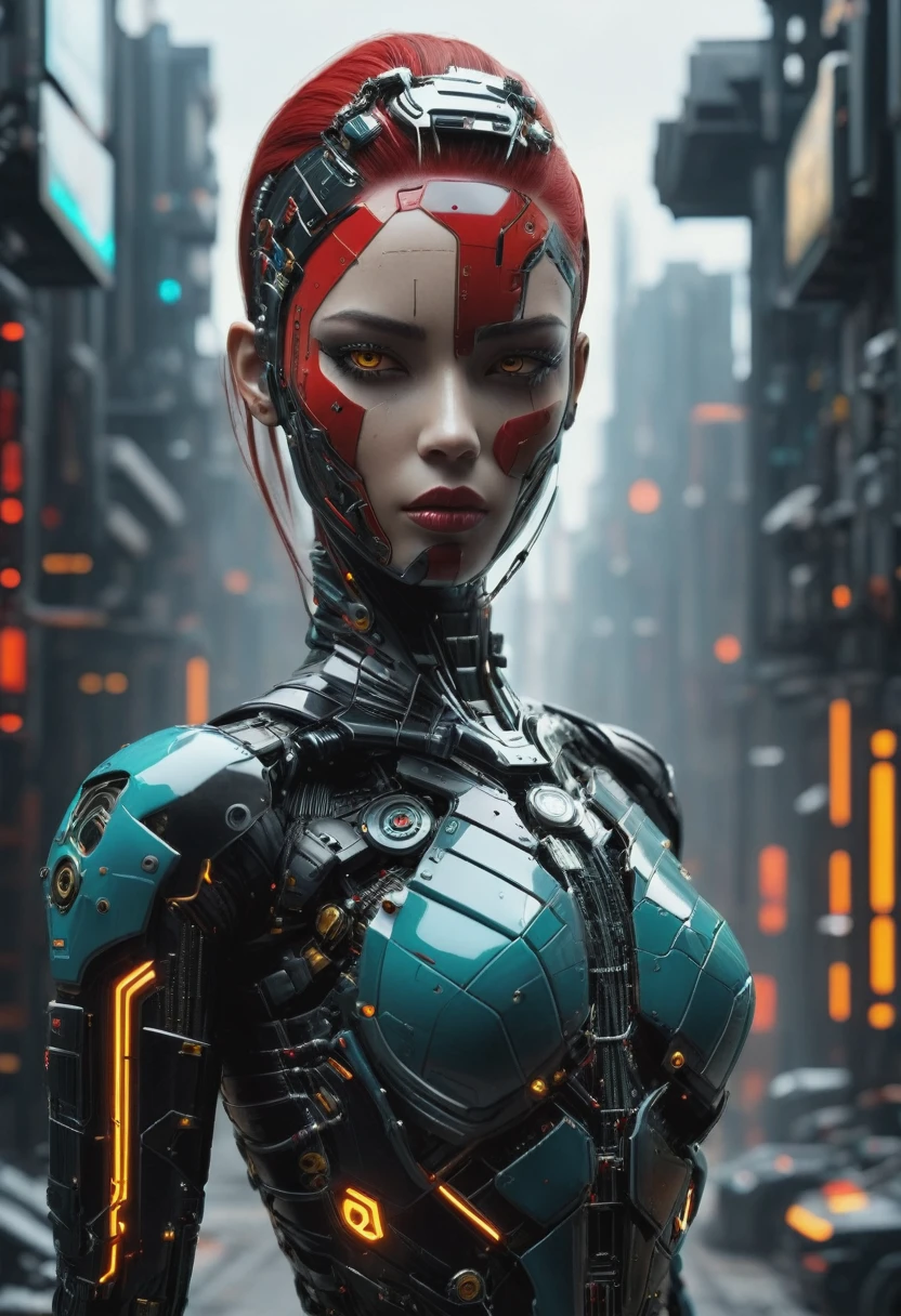 Full length view. (Cyborg woman) Bold, menacing look. Red and black cyborg woman. A dynamic picture, the whole body of a cyborg in motion walks along the street of a Futuristic city. with crane-yellow stripes. --ar 9:16 --ar 1:2 Porcelain face and head, no hair, detailed realistic close-up, dirt, dust, Canon 5d cinematic frame, ultra skin, porcelain face and head, beautiful hands, detailed macro, photographs, cool look, action, big turquoise eyes, perfect eyes, best quality, extremely sharp focus on the face, minimalism. full-length cyborg woman, whole body in motion, subtleties of analog cinema, post-apocalyptic, cinematic, realistic, fashionable art station. Studio photography details in focus Very busy Rutkow complex Raw 4k 8k Isometric digital smog, 3D rendering, porcelain face and head. Volume Octane Science Fiction Artistic Masterpiece Sinister Matte Painting Movie Poster, Golden Ratio, cgsociety, Ultra HD, Realism, Vibrant Colors, High detail, UHD drawing, pen and ink, perfect composition, beautiful detailed complex insanely detailed octane rendering, trending on artstation, 8k art photography, photorealistic concept art, soft natural atmosphere, perfect cinematic lighting, broken glass effect, no background, amazing, something that doesn't even exist.--ar 9:16 --ar 1:2