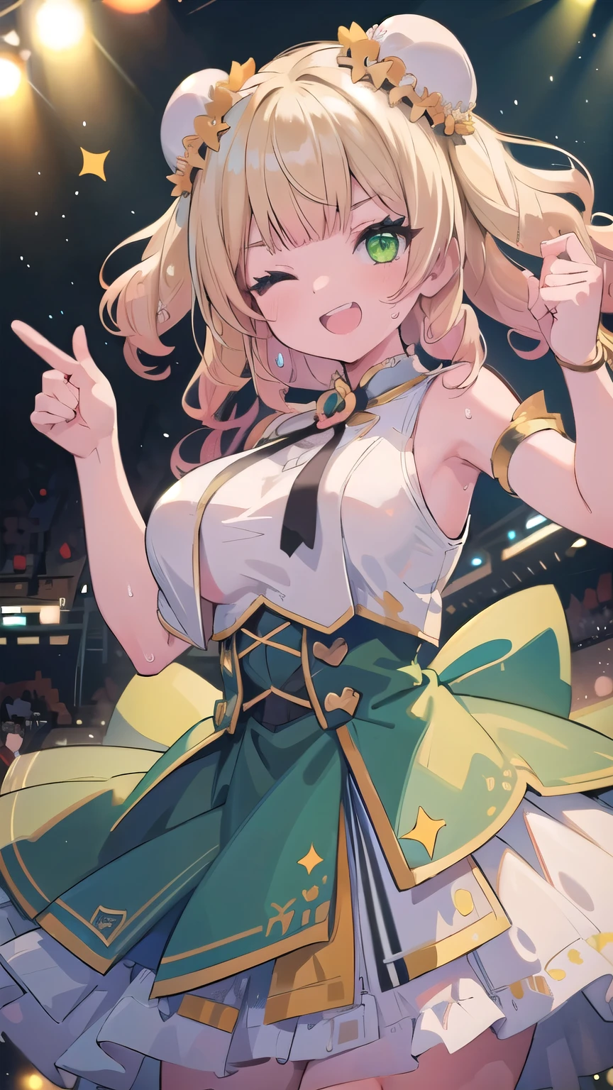 (masterpiece:1.2), (highest quality:1.2), perfect eyes, perfect face, perfect lighting, middle ages, stage, 1 girl, blonde, yellow-green eyes, one eye closed, (((wavy hair))), blunt bangs, bun_head,  medium hair, cute eyes, open mouth ((big breasts)) (grin), Sweat, Uplifting, idol costume, dynamic pose