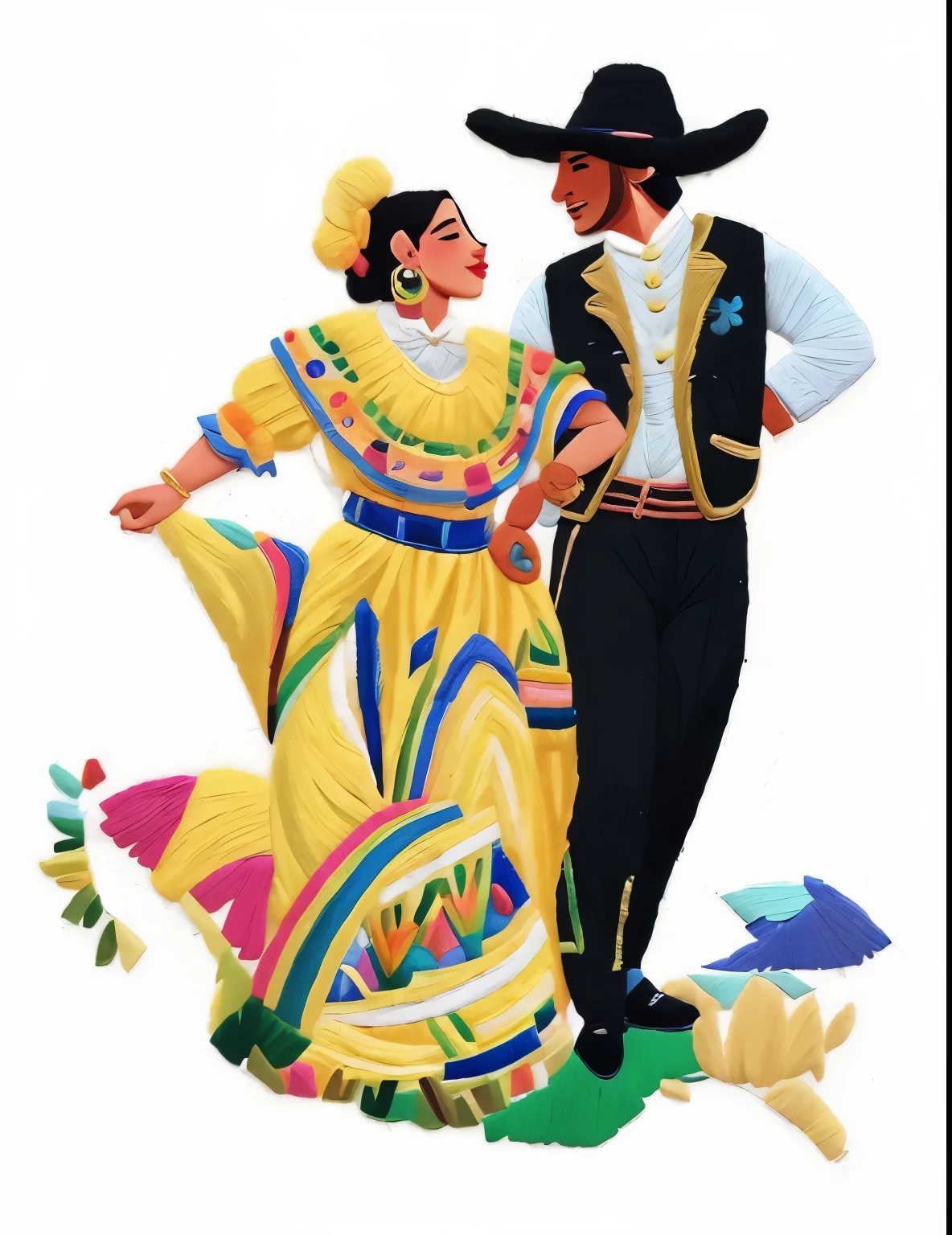 made of wool, wool sewing, an illustration of a couple in mexican costumes standing on a map, folklorico, mexican folklore, traditional costume, latino, folkloric illustration, traditional clothes, traditional clothing, dancers, traditional dress, authentic costume, latino american, folklore, wearing authentic attire, hispanic, mexican vaquero, mexican, mexico, (((Turn the image into wool embroidery)))