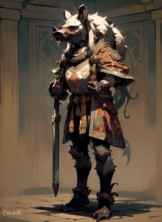 (head to toe: 2.0), (full body image: 2.0), solo, anthropomorphic boar, (head of a boar: 1.3), large, fat, muscular, (carrying a large cleaver: 1.4), regal clothing, sword and cepter, facial piercings, , extremely stylized, deviant art, masterpiece, highly detailed, detailed eyes, expressive detailed eyes, detailed pupils, crown, boots, entire body image, full body shot, nvinkpunk, professional photograph of alexander_skarsgard, tassles, large beads, large tassels, 