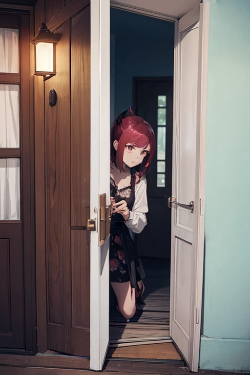 Female demon knocking on door with mobile phone