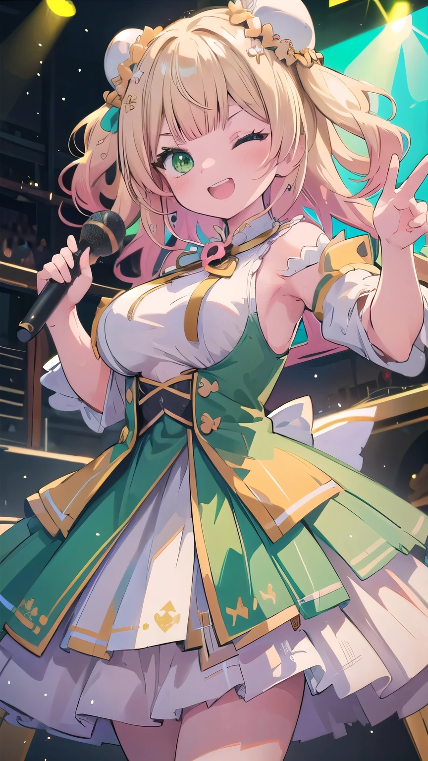 (masterpiece:1.2), (highest quality:1.2), perfect eyes, perfect face, perfect lighting, middle ages, stage, 1 girl, blonde, yellow-green eyes, one eye closed, (((wavy hair))), blunt bangs, bun_head,  medium hair, cute eyes, open mouth ((big breasts)) (grin), Sweat, Uplifting, idol costume, dynamic pose