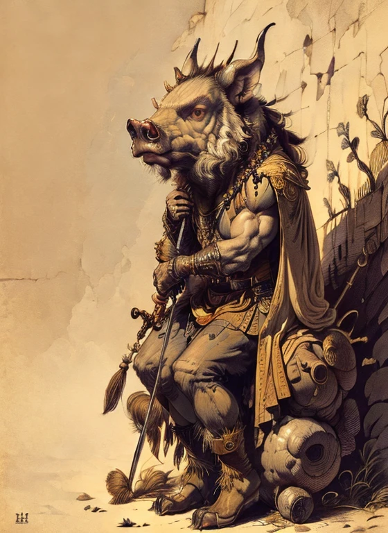 (head to toe: 2.0), (full body image: 2.0), solo, anthropomorphic boar, head of a boar, large, muscular, sitting on a throne, regal clothing, sword and cepter, facial piercings, , extremely stylized, deviant art, masterpiece, highly detailed, detailed eyes, expressive detailed eyes, detailed pupils, crown, boots, entire body image, full body shot, nvinkpunk, professional photograph of alexander_skarsgard, tassles, large beads, large tassels, 