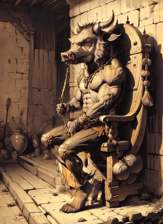 (head to toe: 2.0), (full body image: 2.0), solo, anthropomorphic boar, head of a boar, large, muscular, sitting on a throne, regal clothing, sword and cepter, facial piercings, , extremely stylized, deviant art, masterpiece, highly detailed, detailed eyes, expressive detailed eyes, detailed pupils, crown, boots, entire body image, full body shot, nvinkpunk, professional photograph of alexander_skarsgard, tassles, large beads, large tassels, 