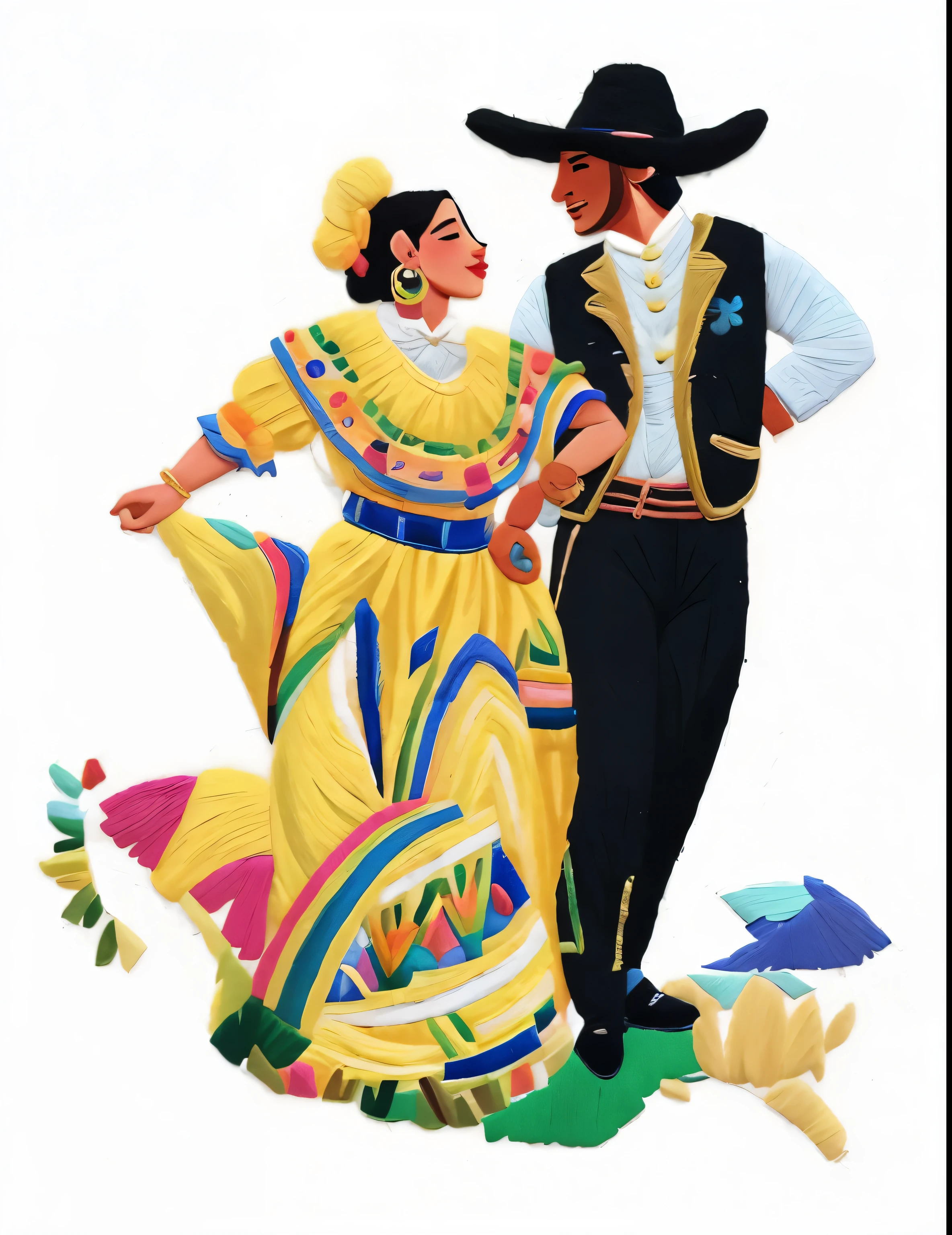 made of wool, wool sewing, an illustration of a couple in mexican costumes standing on a map, folklorico, mexican folklore, traditional costume, latino, folkloric illustration, traditional clothes, traditional clothing, dancers, traditional dress, authentic costume, latino american, folklore, wearing authentic attire, hispanic, mexican vaquero, mexican, mexico, (((Turn the image into wool embroidery)))