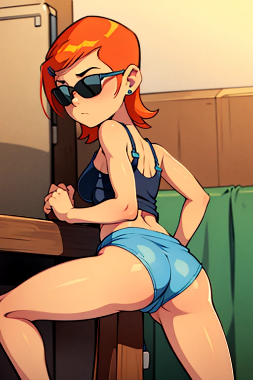 cowgirl's ??????????? out of ?????????? spaghetti strap tank top out ???? and wet mini skirt ??????????????????, ????????? showing her ???? and folding her arms, sunglasses
