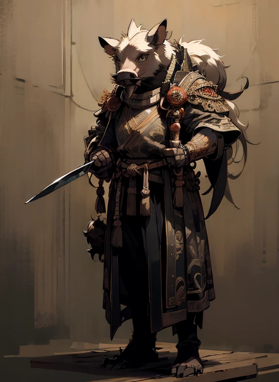 (head to toe: 2.0), (full body image: 2.0), solo, anthropomorphic boar, (head of a boar: 1.3), large, fat, muscular, (carrying a large cleaver: 1.4), regal clothing, sword and cepter, facial piercings, , extremely stylized, deviant art, masterpiece, highly detailed, detailed eyes, expressive detailed eyes, detailed pupils, crown, boots, entire body image, full body shot, nvinkpunk, professional photograph of alexander_skarsgard, tassles, large beads, large tassels, 