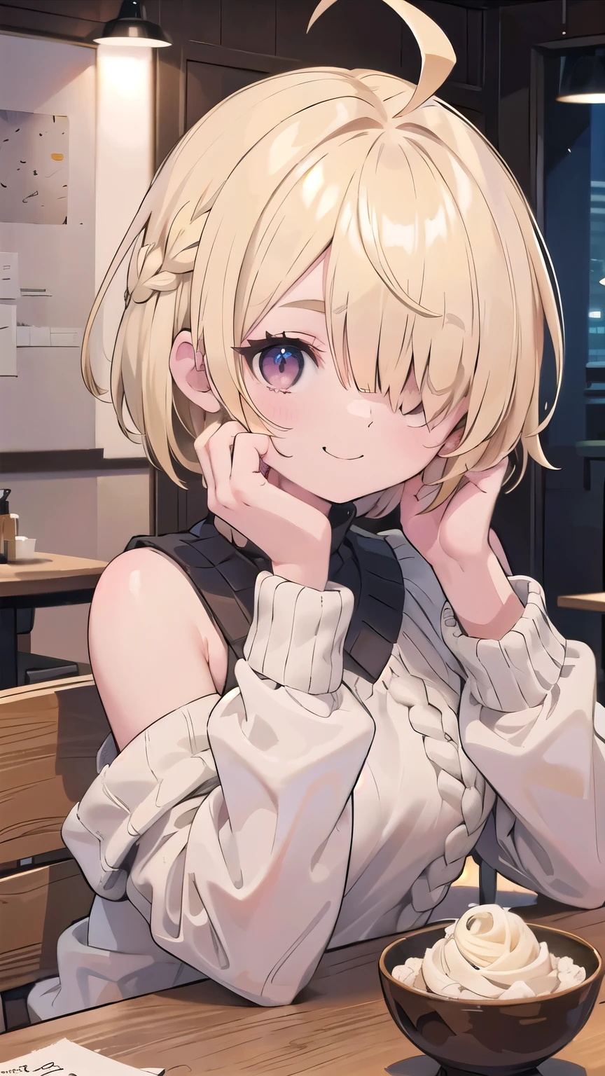 tits、smile、hands up, elbows on table, face palm、breasts close up, blonde ((((((hair over one eye)))))), Braid Styles, spiked hair, blunt bangs, bob hair, a braid, Ahoge red eyes, off shoulder, knit sweater