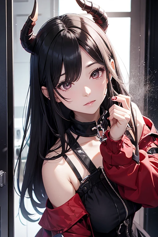 A female demon banging on a glass door with a mobile phone、bust up shot、face forward