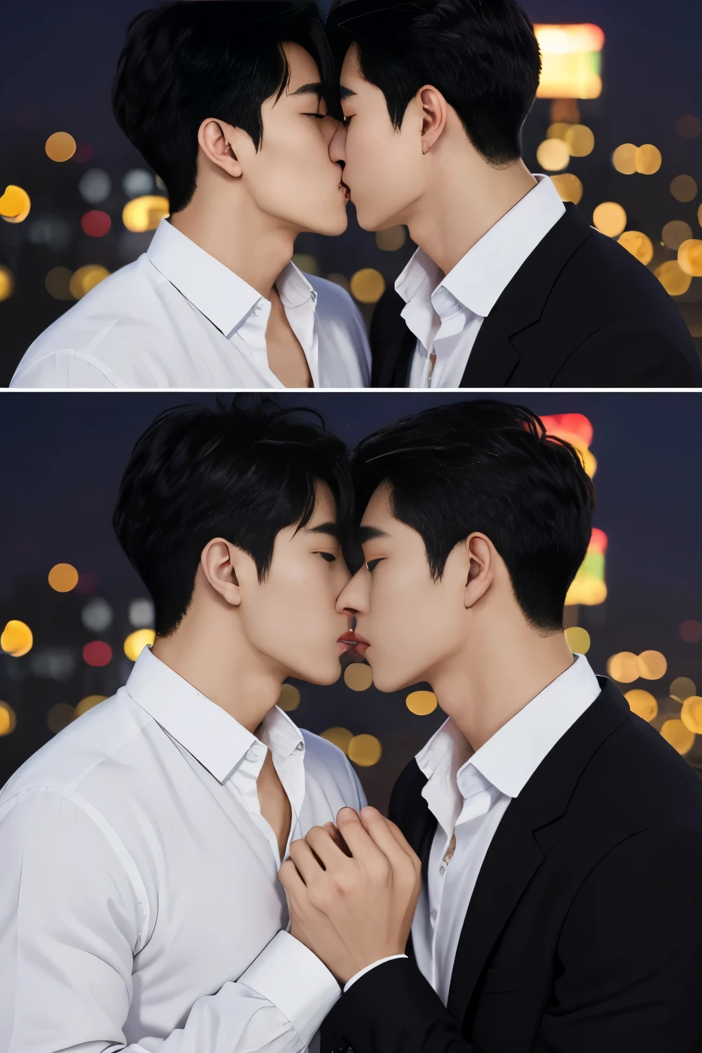 2male、masterpiece、top-quality、超A high resolution、evening、A city scape、depth of fields、short black messy hair、Two men kissing