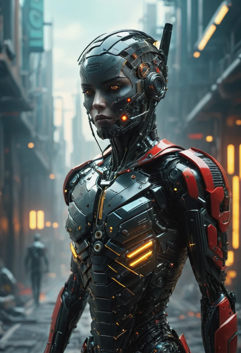 Full length view. (cyborg man with a weapon in his hands) Bold, threatening look. Red and black exoskeleton male cyborg. A dynamic picture, the whole body of a cyborg in motion walks along the street of a futuristic city. with crane-yellow stripes. --ar 9:16 --ar 1:2 Porcelain face and head, no hair, detailed realistic close-up, dirt, dust,
Canon 5d cinematic frame, ultra skin, porcelain face and head, beautiful hands, detailed macro, photography, cool look, action, big turquoise eyes, perfect eyes, best quality, extremely sharp focus on face, minimalism. full-length cyborg woman, whole body in motion, subtleties of analog cinema, post-apocalyptic,
cinematic, realistic, fashionable art station. Studio photography details in focus Very busy Rutkow complex Raw 4k 8k Isometric digital smog, 3D rendering, porcelain face and head. Volume Octane Number Science Fiction Artistic Masterpiece Sinister Matte Painting Movie Poster, Golden Ratio, cgsociety,
Ultra HD, Realism, Vivid Colors, High Detail, UHD Painting, Pen and Ink, Perfect Composition, Beautiful Detailed Complex Insanely Detailed Octane Rendering, Trending on Artstation, 8k Art Photography, Photorealistic Concept Art, Soft Natural Atmosphere, Perfect Cinematic Lighting ,
the effect of broken glass, the absence of a background, amazing, something that doesn’t even exist.--ar 9:16 --ar 1:2