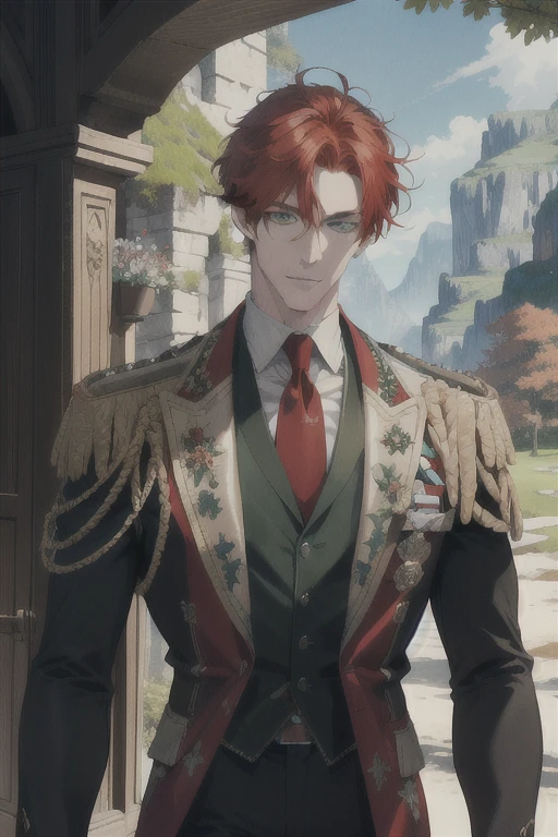 (absurdres, highres, ultra detailed), 1 male, adult, handsome, tall muscular guy, broad shoulders, finely detailed eyes and detailed face, red hair, green eyes, handsome, suit, fantasy, uniform, royal, Forest, flowers blooming brightly-bloomed flowers, Sunlight, Fantastic light and shadow, Scenery, portrait