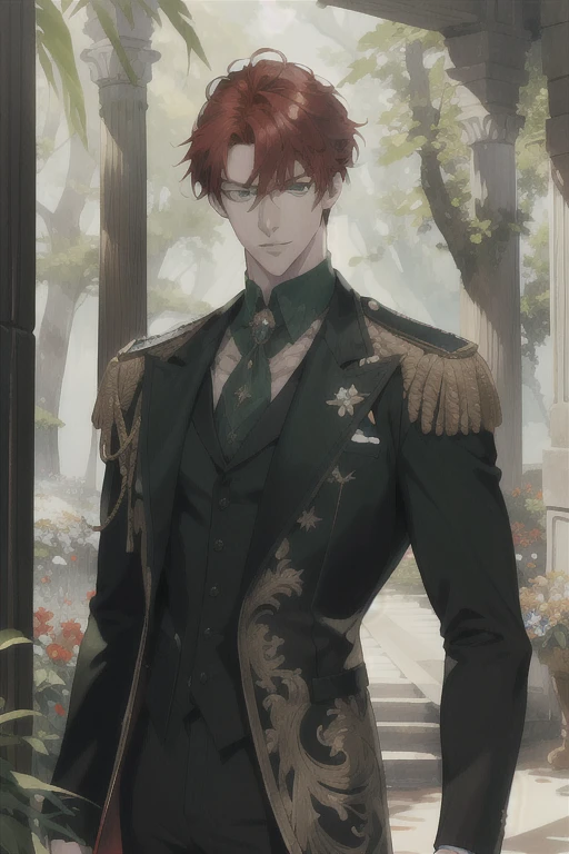 (absurdres, highres, ultra detailed), 1 male, adult, handsome, tall muscular guy, broad shoulders, finely detailed eyes and detailed face, red hair, green eyes, handsome, suit, fantasy, uniform, royal, Forest, flowers blooming brightly-bloomed flowers, Sunlight, Fantastic light and shadow, Scenery, portrait
