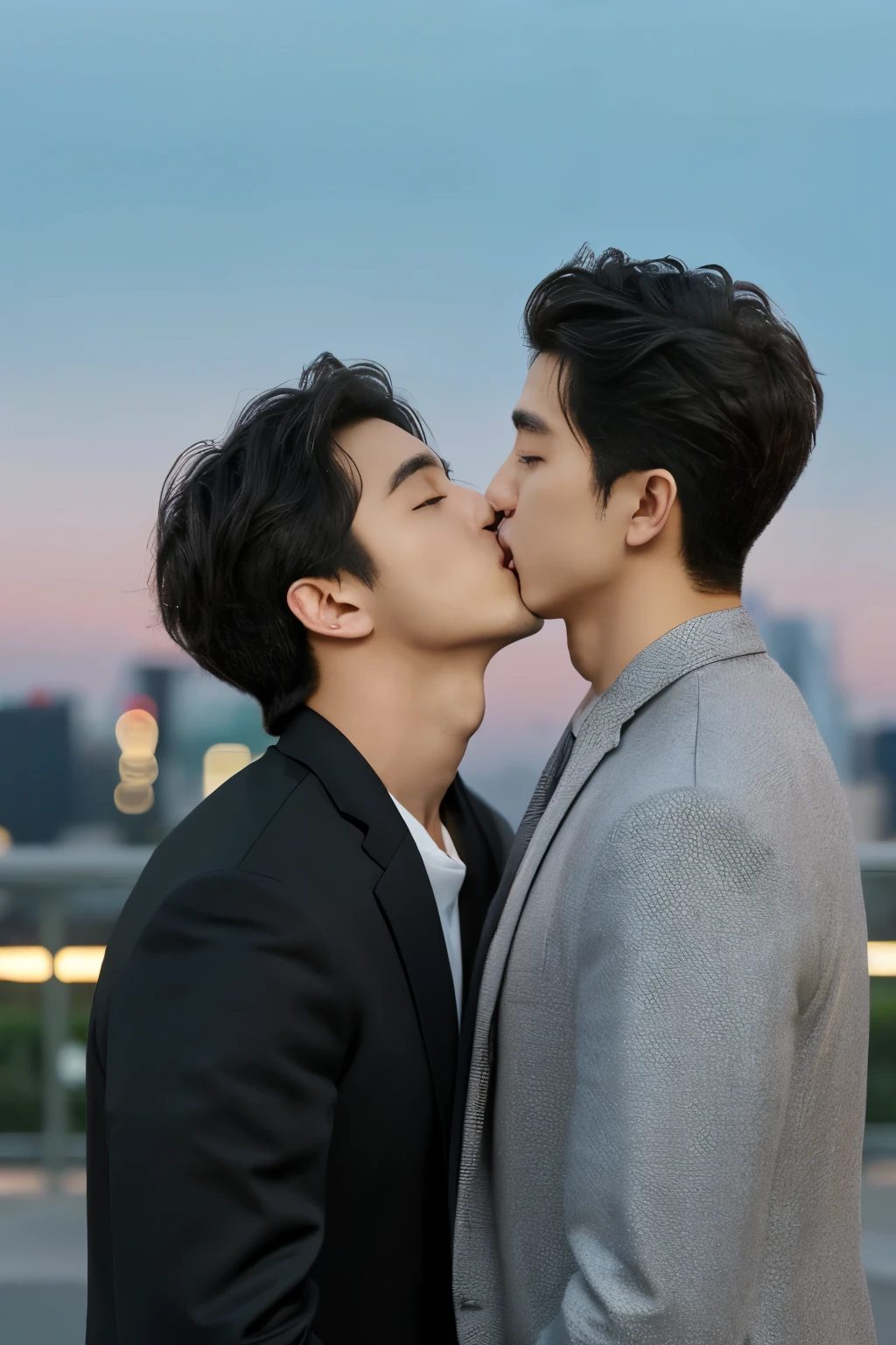 2male、​masterpiece、top-quality、超A high resolution、evening、A city scape、depth of fields、short black messy hair、Two men kissing 