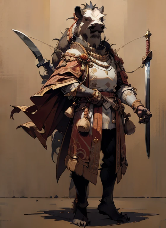 (head to toe: 2.0), (full body image: 2.0), solo, anthropomorphic boar, (head of a boar: 1.3), large, fat, muscular, (carrying a large cleaver: 1.4), regal clothing, sword and cepter, facial piercings, , extremely stylized, deviant art, masterpiece, highly detailed, detailed eyes, expressive detailed eyes, detailed pupils, crown, boots, entire body image, full body shot, nvinkpunk, professional photograph of alexander_skarsgard, tassles, large beads, large tassels, ((bald: 1.4)), pale pink skin