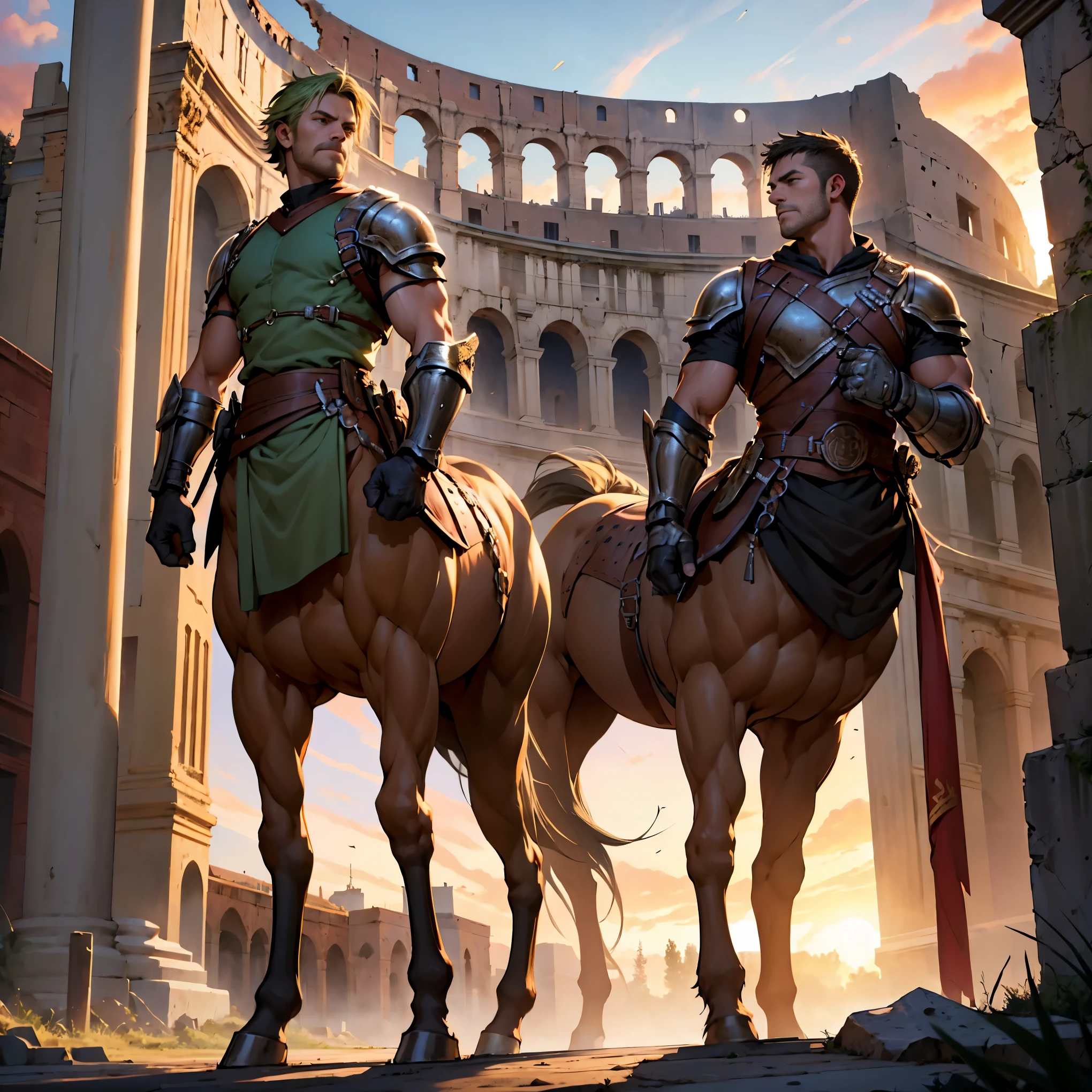 highly detailed full body full color photo of a centaur:1.2, standing, tall, green short hair, gauntlets, detailed muscular physique, lifelike depiction, 4K resolution. Background: Colosseum during a spectacular sunset,32k uhd, best quality, masterpiece,