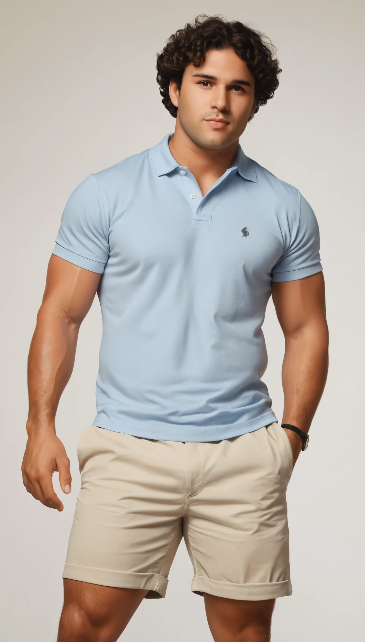 An illustrated movie poster, hand-drawn, full color, a man, 28 years-old, wearing a polo shirt and chino shorts, sun-tanned skin, stocky physique, soft belly, slightly chubby, deep brown eyes, wide bulbous nose, full lips, black hair, curly hair, thick bushy eyebrows, extremely hairy chest, stomach, and arms, lots of body hair, posing on a pedestal, hard shadows, graphite shading, stencil markings, airbrushed acrylic paint, masterpiece