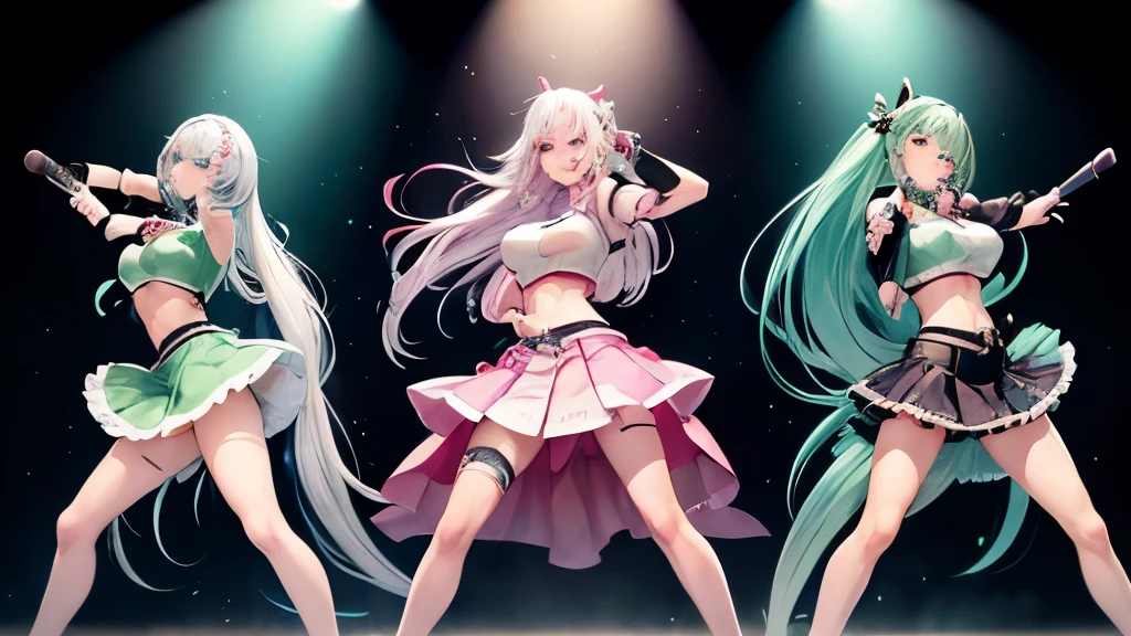3 women, J-POP stars The Kyoto Girls, Naru Maehara (long hot pink and white hair, soft blue eyes, long eyelashes, perfect breasts, 5'4"), Shinobu Narusegawa (long ice blue and white hair, soft blue-green eyes, long eyelashes, perfect breasts, 5'6"), Miko Kyoto (long jade and white hair, soft jade eyes, long eyelashes, perfect breasts, 4'10"), (masterpiece, highest quality, full body), fine eyes, leather mini shirts, leather jackets, crop-tops, concert, microphone headset, (singing and sexy dance moves on stage of the Tokyo Dome) PG-13