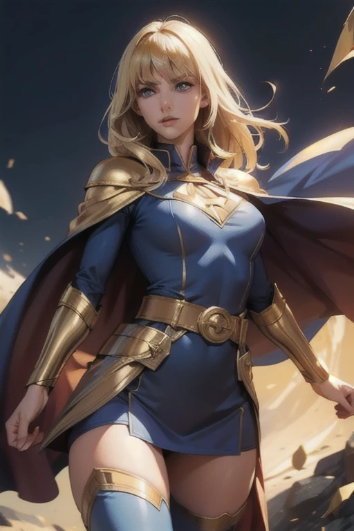 best quality, woman, super hero, straight blonde hair, bangs, cape, blue tights, gold belt