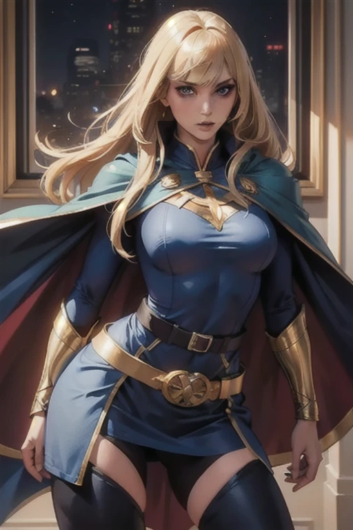 best quality, woman, super hero, straight blonde hair, bangs, cape, blue tights, gold belt