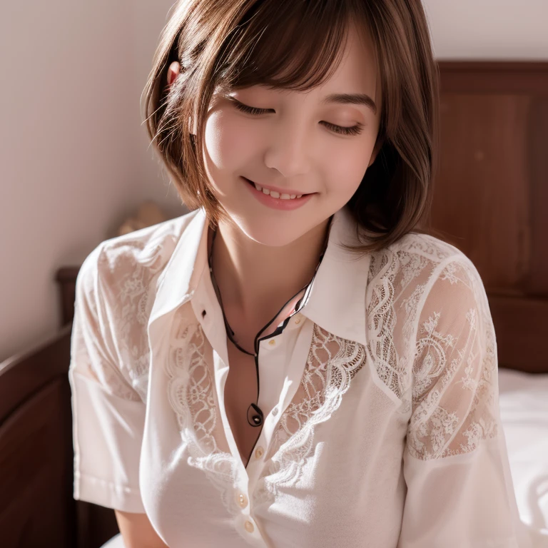 (8K, highest quality, masterpiece: 1.2), (realistic, realistic: 1.37), Super detailed, 1 girl, cute, alone, Bedroom，night, sitting, date, ( blush your nose), (smile: 1.15), (closed mouth) small breasts, fine and beautiful eyes, (collared shirt: 1.1), night,  white lace, (medium hair: 1.2), Floating hair NovaFrogStyle,