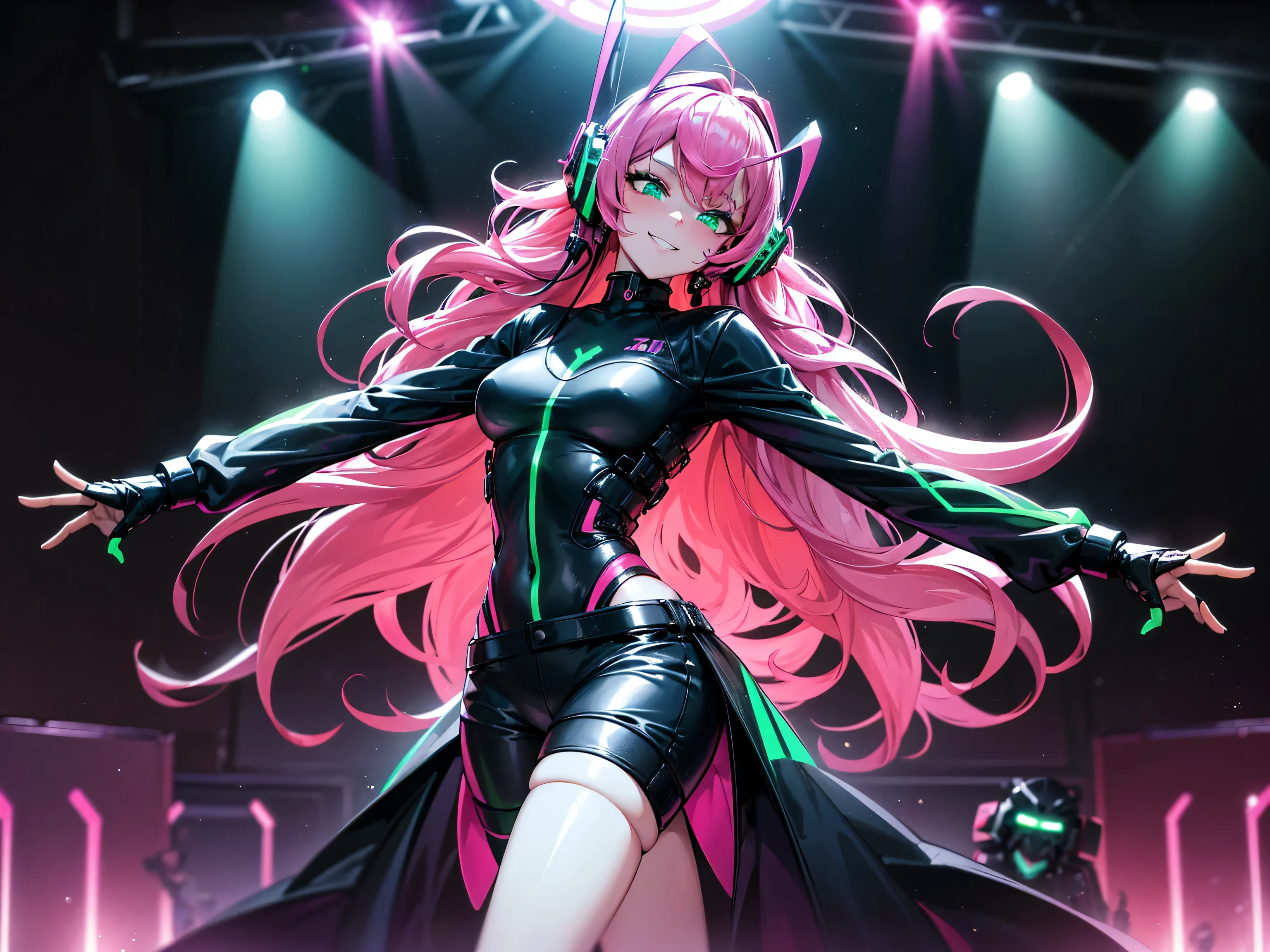 masterpiece:1.4, 1girl ((20year old, dressed in long sleeve shirt, tight black shorts, sneakers, medium breasts, multicolor pink hair, curly long hair, perfect model body, green eyes:1.4, Wearing headphones, looking up, happy, smiling, flirting, standing on a stage at a concert, dancing, neon lighting and colorful, futuristic dance club, futuristic and exciting atmosphere)) ((solo))