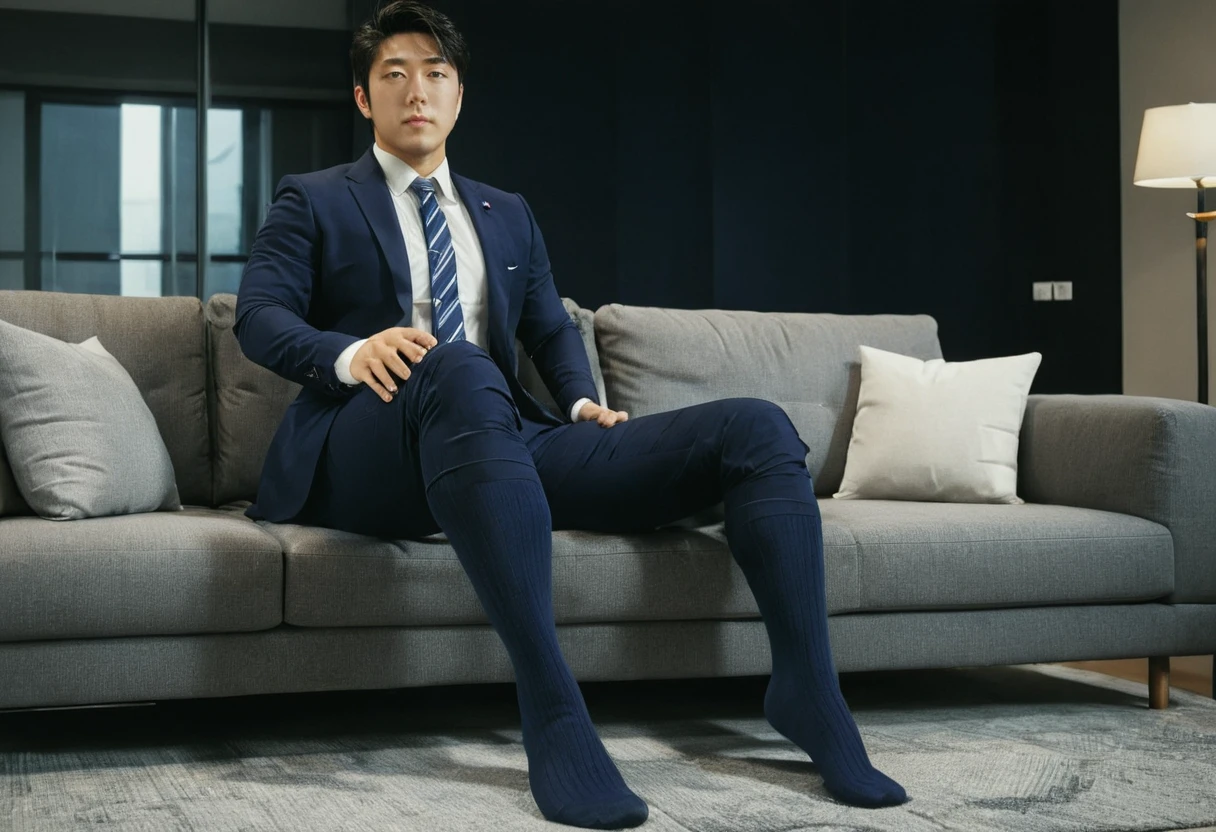 30 year old Japanese man. handsome and has muscular chest and big arms. In a modern apartment and sitting on couch next to full length glass window, wearing navy blue business suit and black socks, Cinematic still and highly detailed, cinematic lighting, hero view