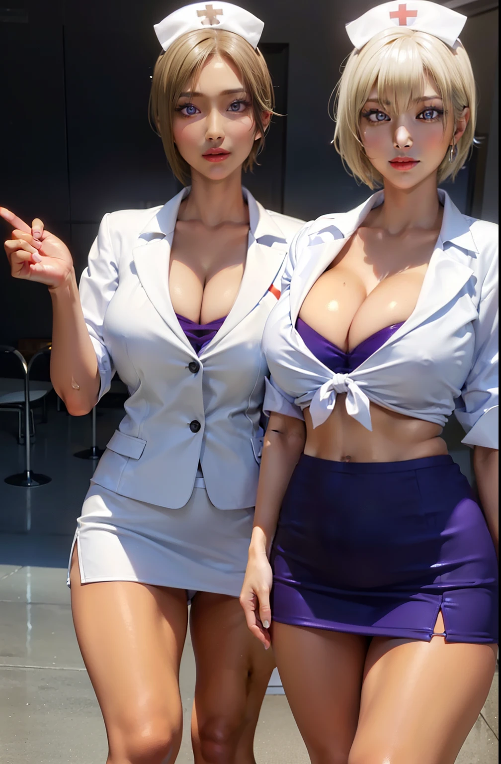 (masterpiece, highest quality, highest quality, official art, beautiful and aesthetic:1.2), (2 girls:1.8), Cinematic lighting、(Key light at 45 degrees from the front,Orange fill light、Soft blue backlight、Strong shadows、blue and orange color palette), accurate human body、detailed person、Correct five-finger、RAW photo、 4K - ultra-vivid、highest quality, masterpiece, ultra high resolution, (reality: 1.4),
(((oil skin,sparkling skin、realistic skin texture、detailed beautiful skin、shiny skin、Slimy skin、shiny skin、shiny skin)))、
upper body shot, camera angle is low, Depth of the bounds written, Focus on the center, fine eyes, perfect face and eyes、
(((nurse, mini skirt、nurse costume))), anime, manga, figure, intellectual beauty, shiny short hair, /Light purple lipstick/, Alluring glossy thick lips, ecstatic expression, amorous expression, fascinating look, big breasts, Down , side boob barbosa, great proportion, perfect proportions, thin, full body, /Black mesh tights/, long thin legs、beautiful thighs, transparent, professional lighting、Hospital waiting room、