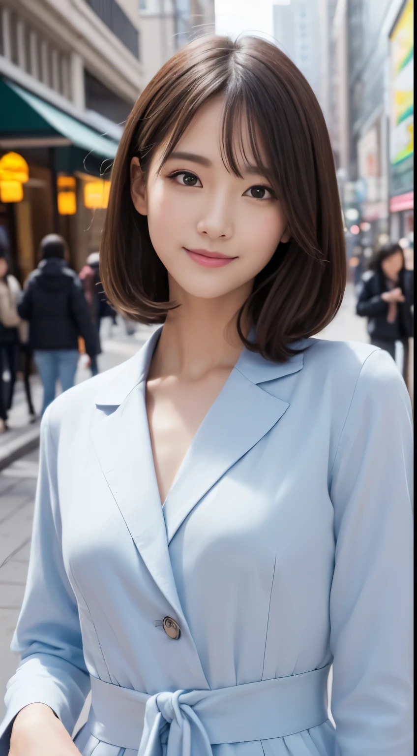 table top, highest quality, figure, Super detailed, finely, High resolution, 8k wallpaper, Perfect dynamic composition figure、31 year old beauty、detailed beautiful face、detailed beautiful eyes、rough skin、small breastodest smile、straight medium hair、autumn ladies fashion、busy street、