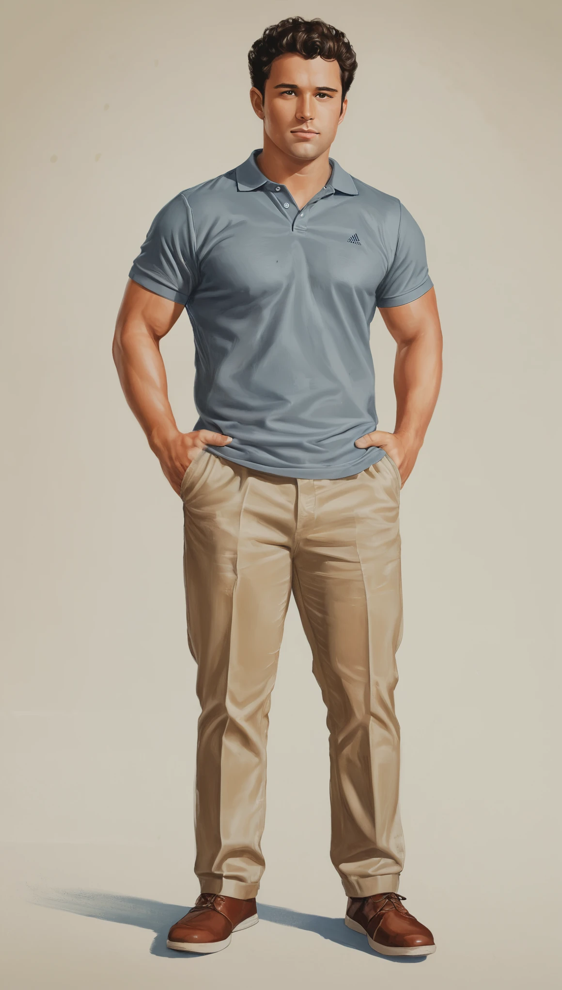 An illustrated movie poster, hand-drawn, full color, a man, 28 years-old, wearing a polo shirt and chino pants, sun-tanned skin, stocky physique, soft belly, slightly chubby, deep brown eyes, wide bulbous nose, full lips, black hair, curly pompadour, thick bushy eyebrows, extremely hairy chest, stomach, and arms, lots of body hair, posing on a pedestal, hard shadows, graphite shading, stencil markings, airbrushed acrylic paint, masterpiece