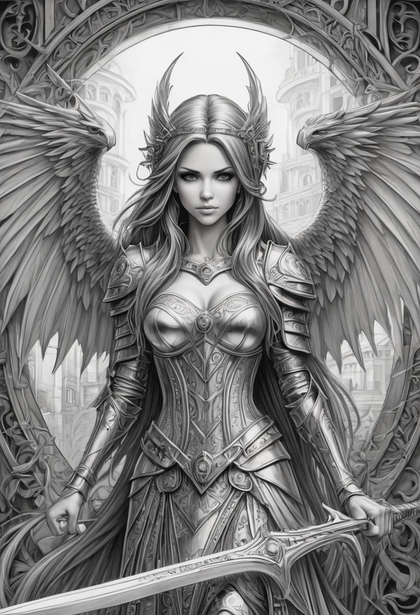 Anime line art, by Anne Stokes, sketch, best quality, masterpiece, very aesthetic, perfect composition, intricate details, ultra-detailed, B&W,