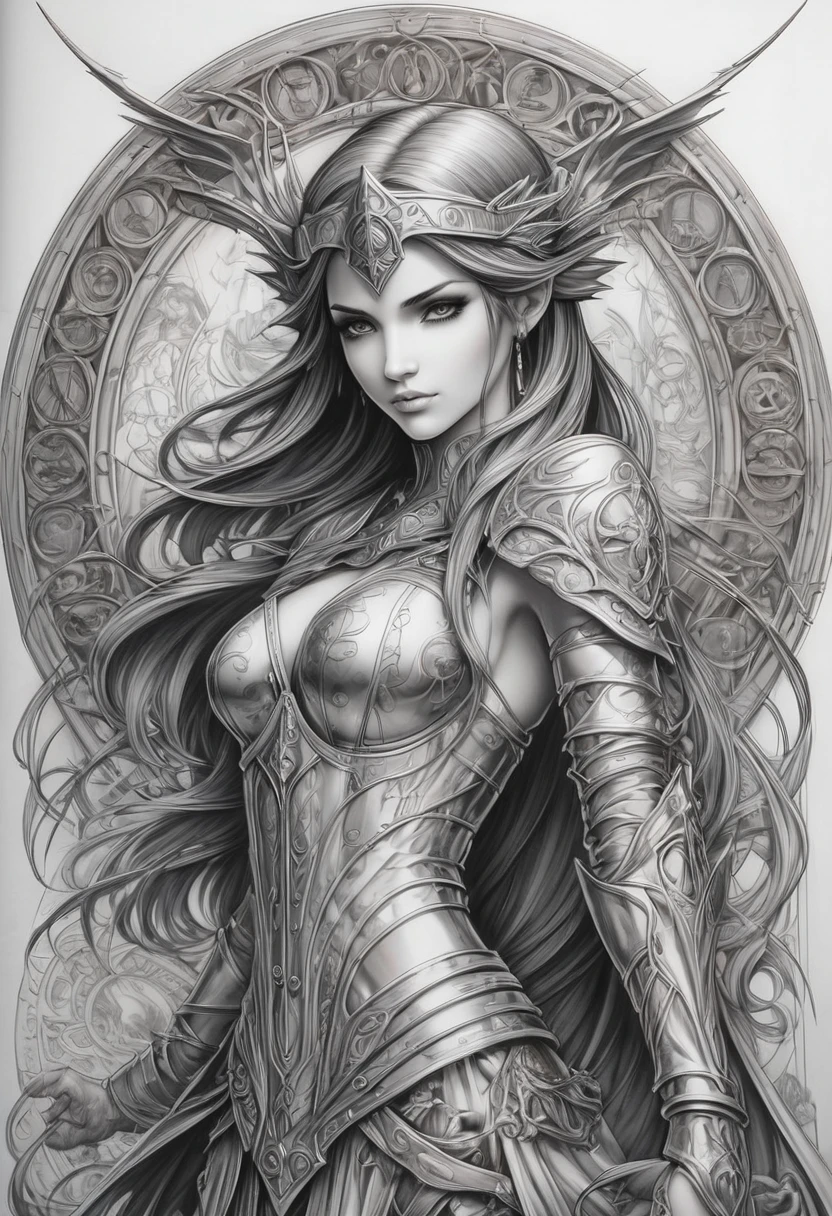 Anime line art, by Anne Stokes, sketch, best quality, masterpiece, very aesthetic, perfect composition, intricate details, ultra-detailed, B&W,