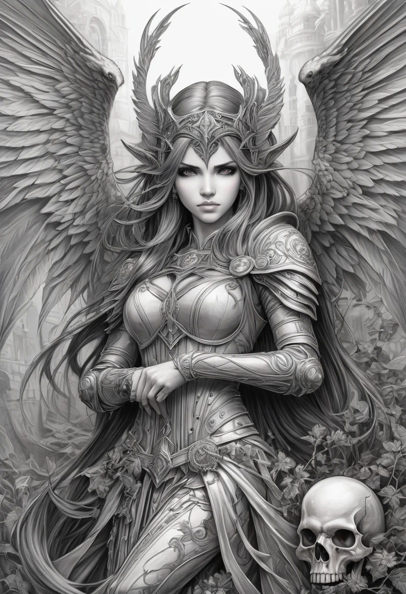 Anime line art, by Anne Stokes, sketch, best quality, masterpiece, very aesthetic, perfect composition, intricate details, ultra-detailed, B&W,