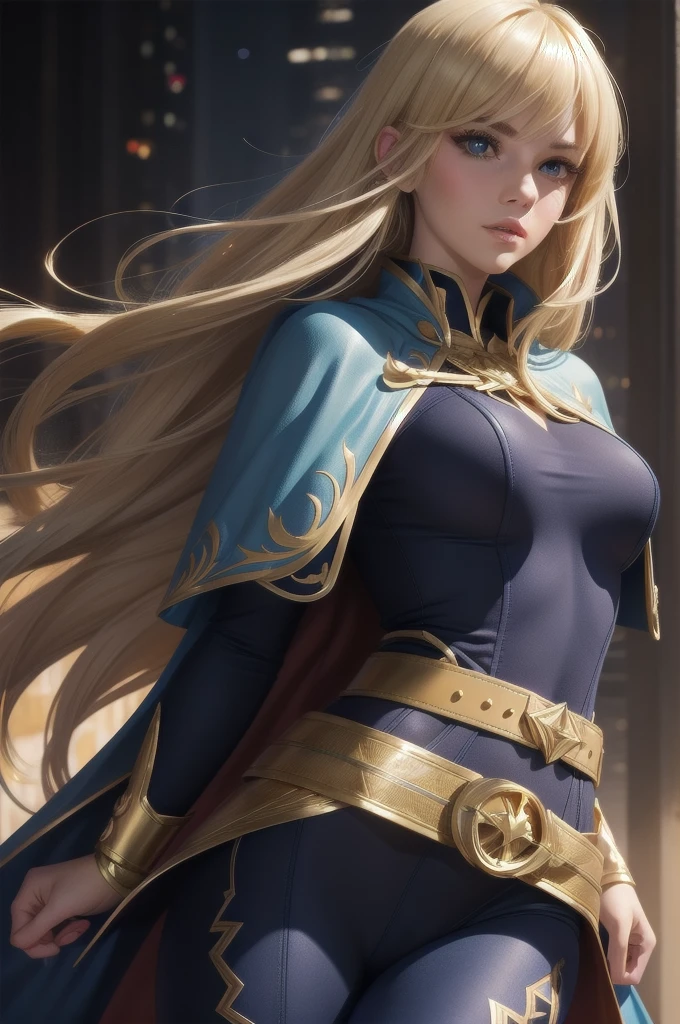 comic art,woman,super hero,straight blonde hair,bangs,cape,blue tights,gold belt,beautiful detailed eyes,beautiful detailed lips,extremely detailed eyes and face,long eyelashes,(best quality:1.2),ultra-detailed,realistic:1.37,sharp focus,professional,vivid colors,bokeh,portraits