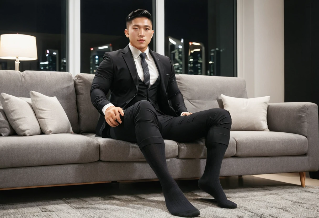 30 year old Singapore man. handsome and has muscular chest and big arms. In a modern apartment and sitting on couch next to full length glass window, wearing black business suit and black socks, Cinematic still and highly detailed, cinematic lighting, hero view