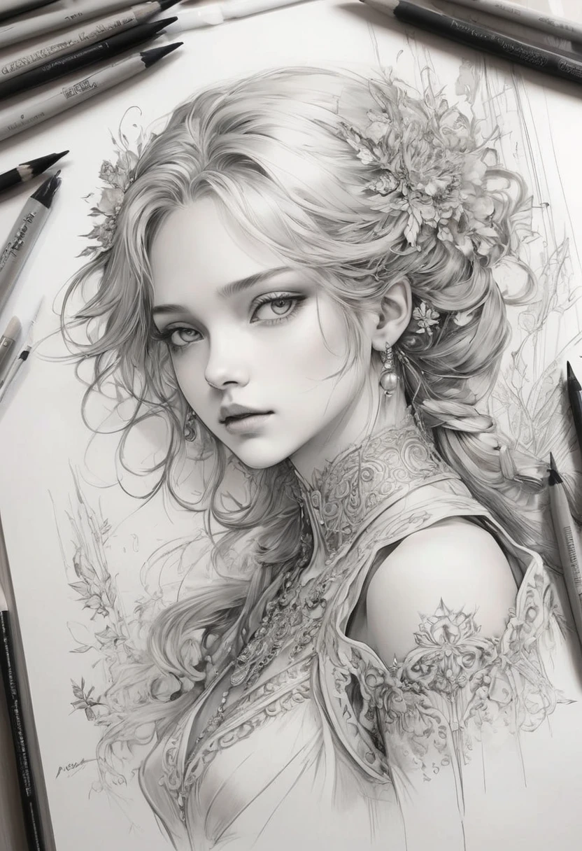 Anime line art, by Anna Razumovskaya, sketch, best quality, masterpiece, very aesthetic, perfect composition, intricate details, ultra-detailed, B&W