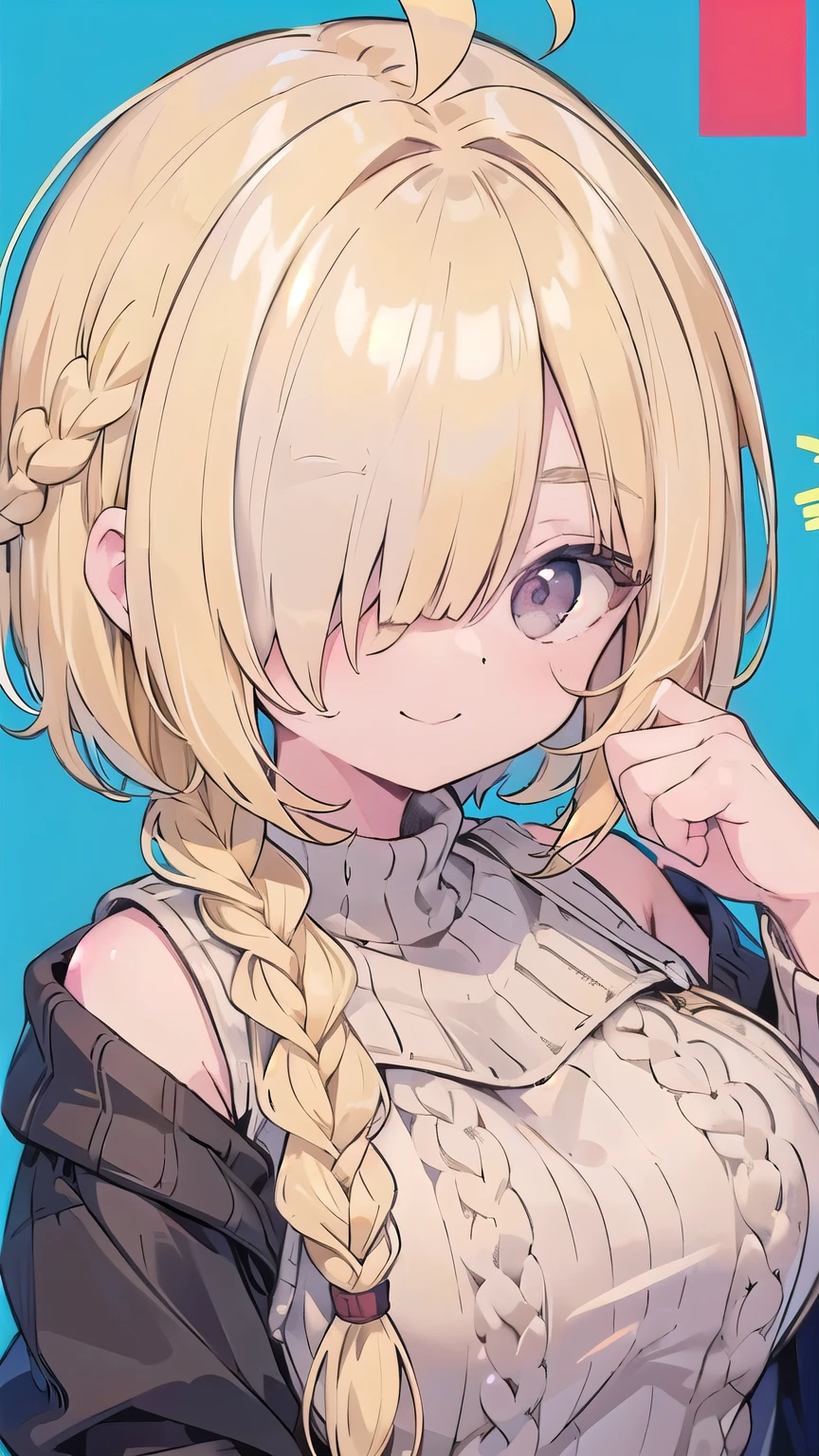 tits、smile, face palm、breasts close up, blonde　((((((hair over one eye)))))), Braid Styles, spiked hair, blunt bangs, bob hair, a braid, Ahoge　red eyes, off shoulder, knit sweater