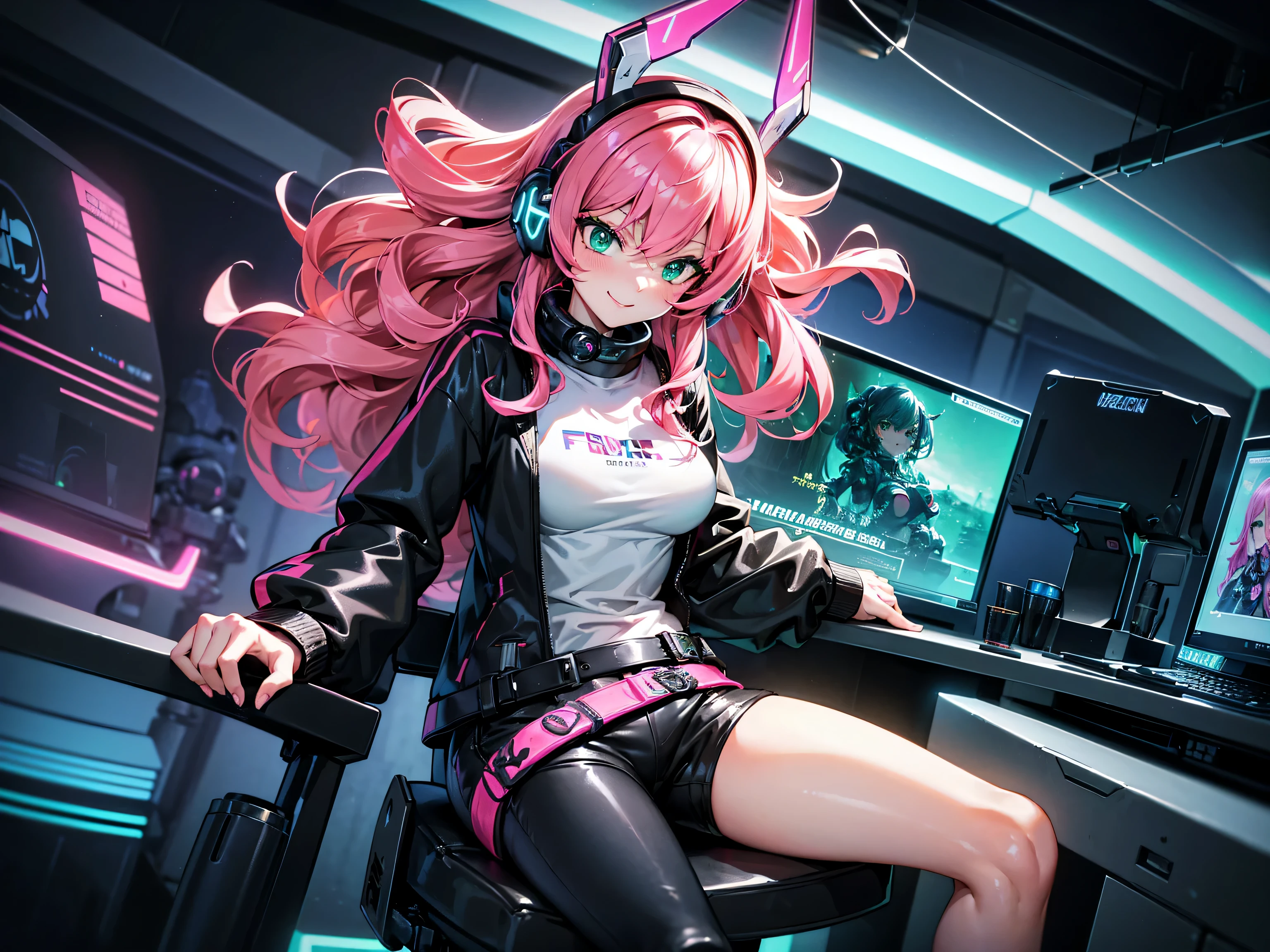 masterpiece:1.4, 1girl ((20year old, dressed in long sleeve shirt, tight black shorts, sneakers, medium breasts, multicolor pink hair, curly long hair, flirting, happy, big smile, perfect model body, green eyes:1.4, Wearing headphones, sitting in a gaming chair playing video games:1.4, gaming center, futuristic and energetic atmosphere)), ((nighttime)) ((solo:1.6)) ((wide camera angle))