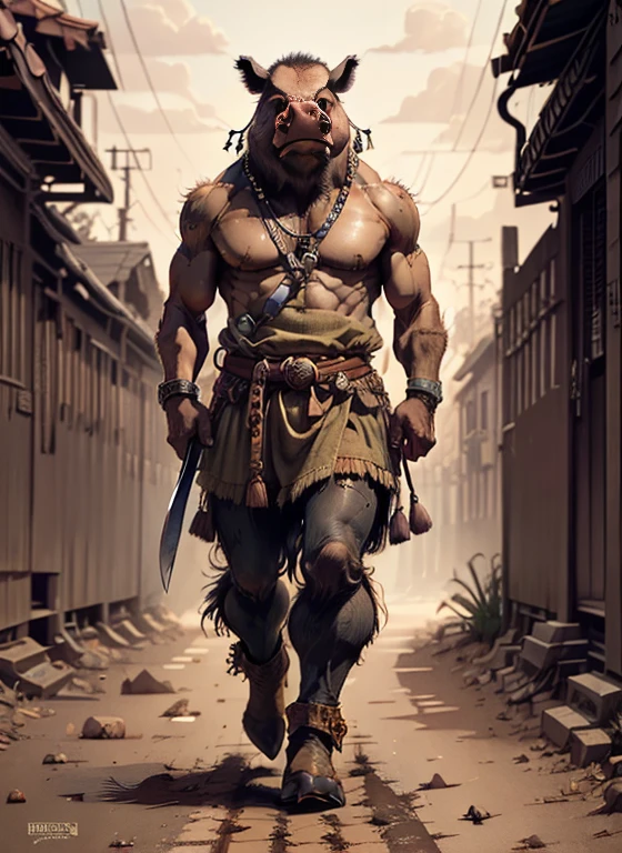 (head to toe: 2.0), (full body image: 2.0), solo, anthropomorphic boar, (head of a boar: 1.3), large, fat, muscular, (carrying a large cleaver: 1.4), regal clothing, sword and cepter, facial piercings, , extremely stylized, deviant art, masterpiece, highly detailed, detailed eyes, expressive detailed eyes, detailed pupils, crown, boots, entire body image, full body shot, nvinkpunk, professional photograph of alexander_skarsgard, tassles, large beads, large tassels, ((bald: 1.4)), pale pink skin