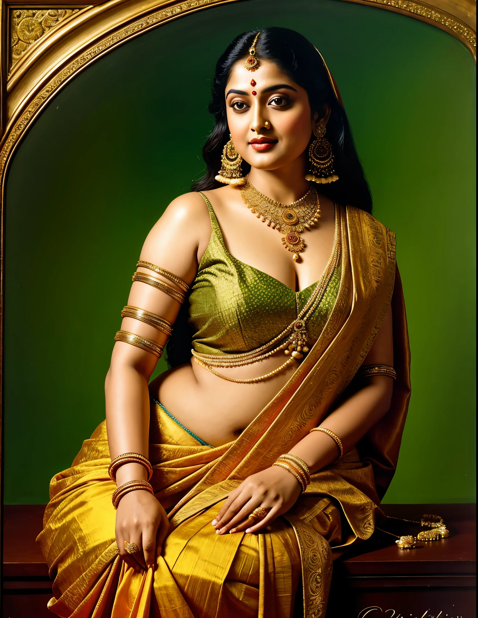 Beautiful painting of a woman in a sari with a necklace and earrings, beautiful thick figure, Thick curvy beauty, looks like Sandeepa Dhar, inspired by Raja Ravi Varma, szukalski ravi varma, portrait of a beautiful goddess, by Raja Ravi Varma, indian goddess, traditional beauty, a stunning portrait of a goddess, inspired by T. K. Padmini, indian art, indian goddess of wealth, portrait of a goddess, masterpiece, intricate,
