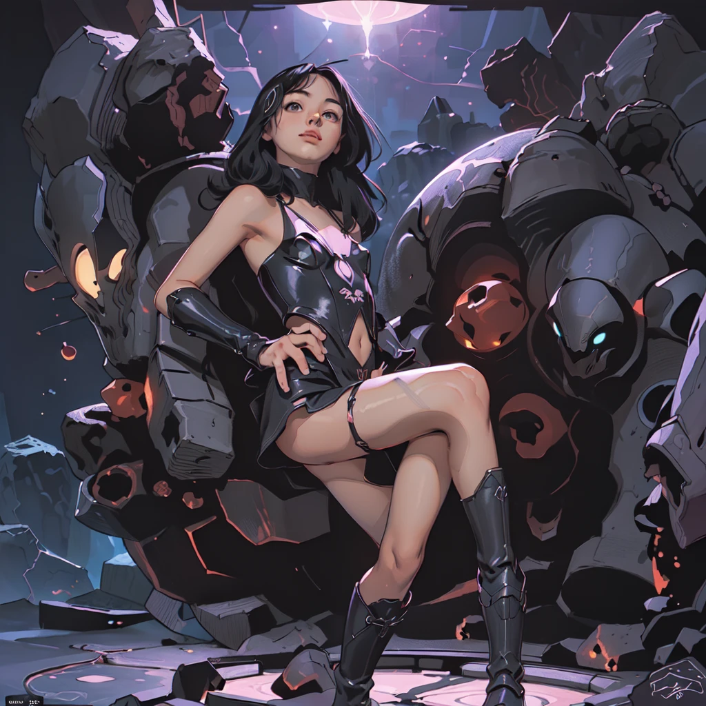 ((Create Odin girl +), (facing the viewer, standing close-up, full height), (smoke, fire), (thin graceful body, facing the viewer), (dynamic pose), (standing with legs wide apart) , (sexy), (delicate scarlet lips), (straight, black long hair), (small thong, short T-shirt, bare shoulders), (narrow hips, beautiful breasts))_((Artistic Stylization), (fantastic film- comic), (soft oil painting, digital painting), (elegant line, clear outline, high-quality drawing, shading))_((Simple color palettes), (color richness, saturation, harmony, balance), (background - dark, cold tones), (fantasy-horror, - cyberpunk, deep space, spaceship))_((Sexy, erotic), (hands in elbow pads, palms wearing tactical gloves), (bare thighs, thongs, bare belly-navel, minimal clothing ), (legs in combat knee pads, thigh-high stockings - sexy), (massive leather lace-up boots), (space design, dramatic scene, combat situation))_((Background, fantastic ship lock, (films; Lucas Arts, R.Sh. Giger "Alien", Giger's monsters, space monsters), (a stunning scene in a spaceship - "Alien" monsters), (warm contrasting light, cold shadows))_ ((Cinematic masterpiece, highest quality), (contrasting shadows, clear, bright light), (warm range of colors, contrasting light with cold shadows))_((Cinematic animation, ), (soft clear shapes, wide strokes, attention to detail), (16K | Ultra HD | Full HD)).
