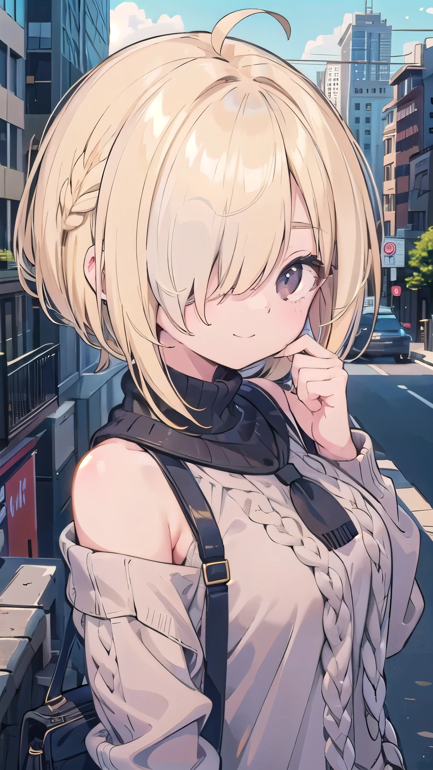 tits、city, In town, smile, face palm、breasts close up, blonde　((((((hair over one eye)))))), Braid Styles, spiked hair, blunt bangs, bob hair, a braid, Ahoge　red eyes, off shoulder, knit sweater, From above, From the side