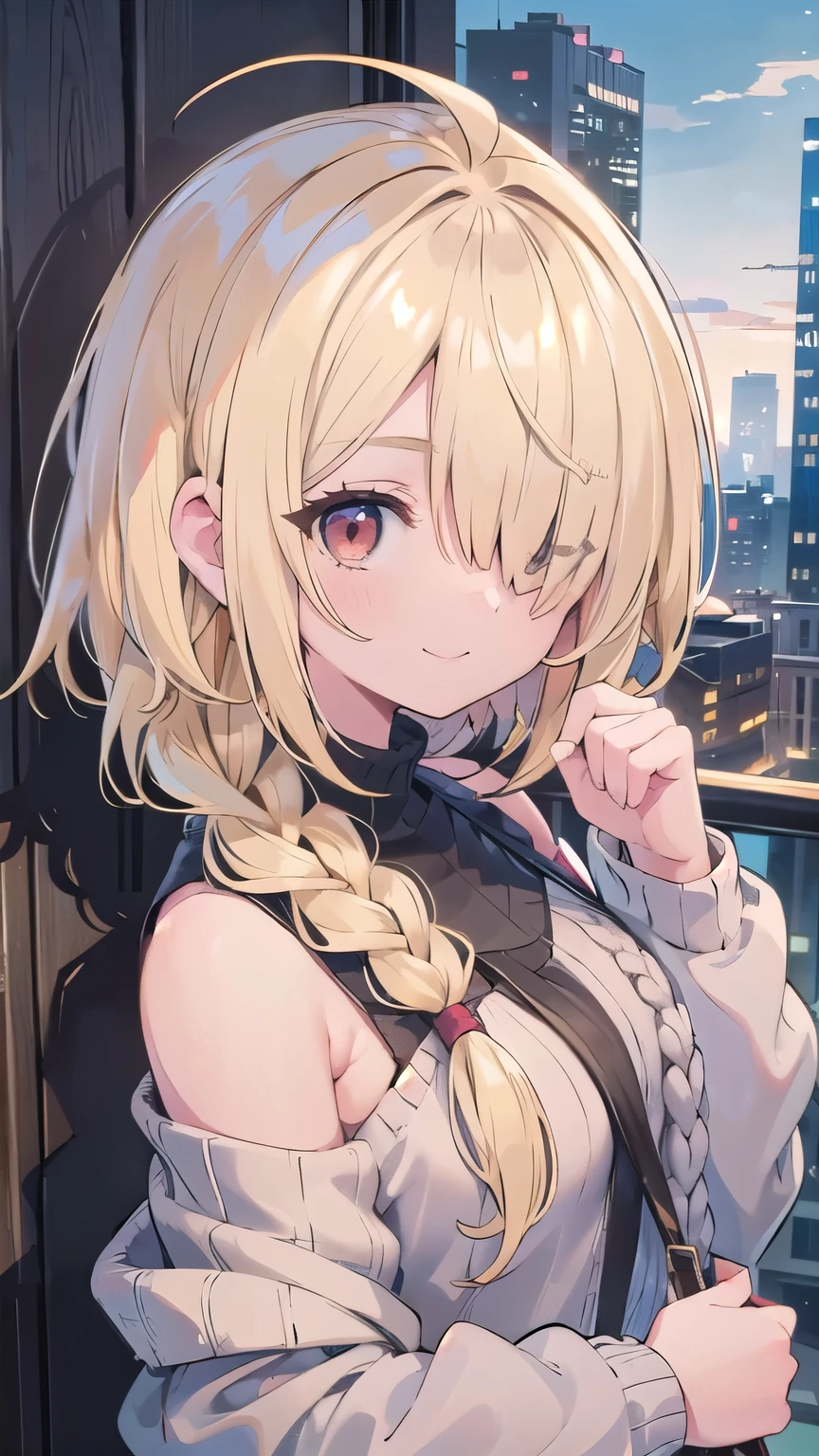 tits、city, In town, smile, face palm、breasts close up, blonde ((((((hair over one eye)))))), Braid Styles, spiked hair, blunt bangs, bob hair, a braid, Ahoge red eyes, off shoulder, knit sweater, From above, From the side