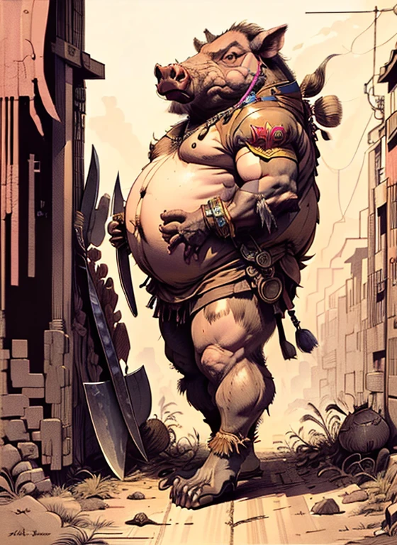 (head to toe: 2.0), (full body image: 2.0), solo, anthropomorphic boar, (head of a boar: 1.3), large, fat, muscular, (carrying a large cleaver: 1.4), regal clothing, sword and cepter, facial piercings, , extremely stylized, deviant art, masterpiece, highly detailed, detailed eyes, expressive detailed eyes, detailed pupils, crown, boots, entire body image, full body shot, nvinkpunk, professional photograph of alexander_skarsgard, tassles, large beads, large tassels, ((bald: 1.4)), (pale pink skin), (fat: 1.4)