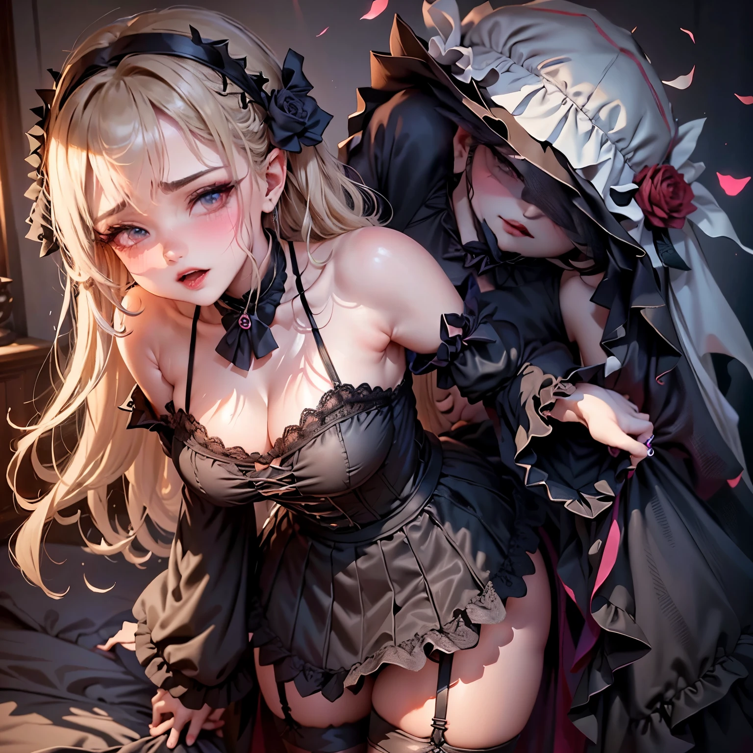 Sexy、Gothic ta、garter belt、knee high socks、beautiful woman、beautiful shape、boredom、adultery、Hard dark gothic Makeup、bell sleeve、wizard sleeve、Maid clothes、dark gothic、long dress、black dark eyeshadow、Lace pink、long hair、straight hair、blonde、dark gothic Makeup、happy look、24-years-old、Strong sexual pleasure、miserable、Your face is cute、open your mouth、Take out your tongue、A bed full of roses、Bed full of perfume、wrinkles between eyebrows、expression of agony、dark gothic Dresses、rub your chest with your right hand、Always touch your crotch with your left hand、My thighs are sweaty、Sweat appears in the chest、Thighs glistening with oil、masturbate、
