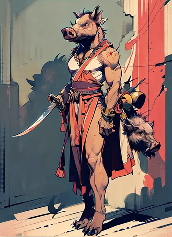 (head to toe: 2.0), (full body image: 2.0), solo, anthropomorphic boar, (head of a boar: 1.3), large, fat, muscular, (carrying a large cleaver: 1.4), regal clothing, sword and cepter, facial piercings, , extremely stylized, deviant art, masterpiece, highly detailed, detailed eyes, expressive detailed eyes, detailed pupils, crown, boots, entire body image, full body shot, nvinkpunk, professional photograph of alexander_skarsgard, tassles, large beads, large tassels, ((bald: 1.4)), pale pink skin