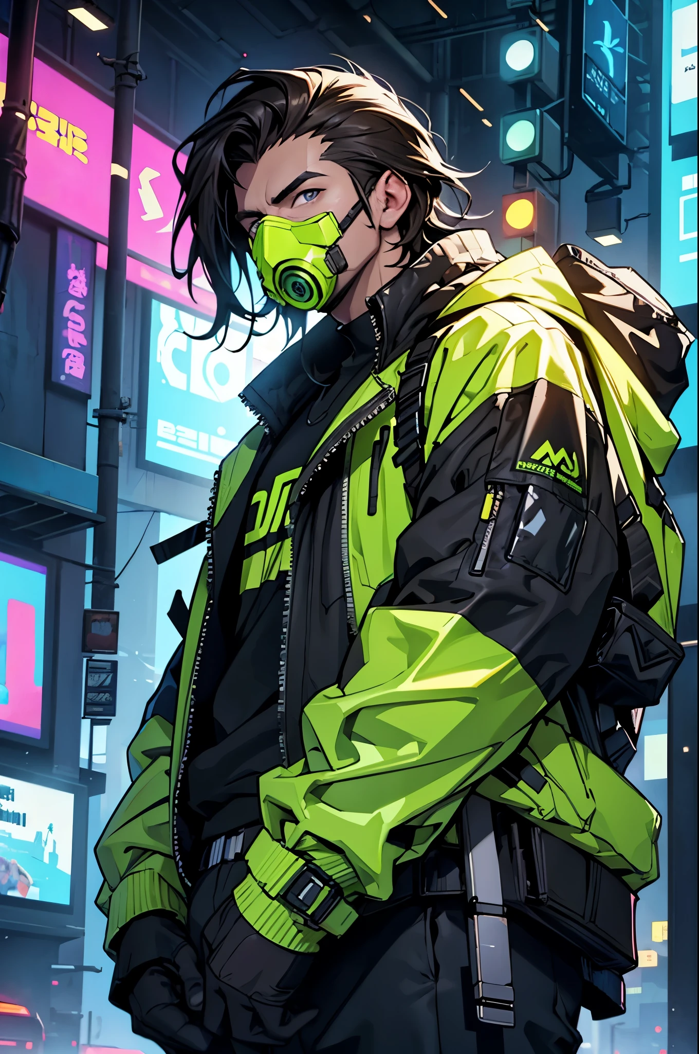 cyberpunk, 25-year-old Caucasian male with dark hair wearing a black gas mask with yellow filters, standing outdoors with trees and a vehicle in the background, vaporwave, neon colors, science fiction, detailed scene