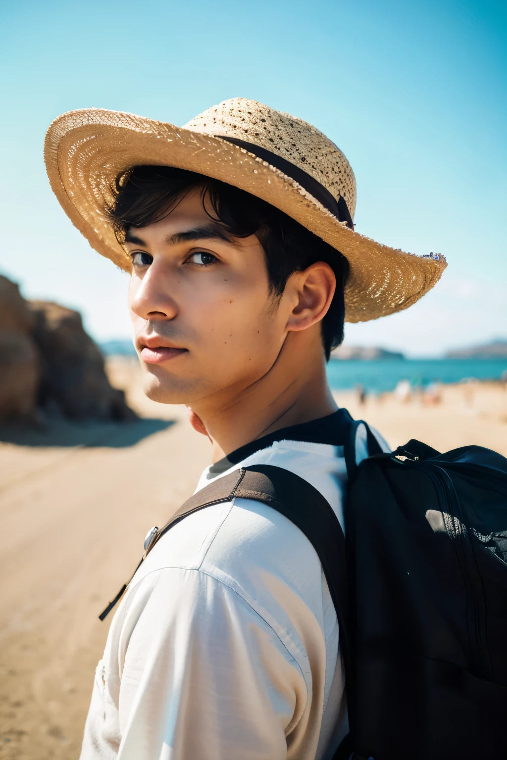 A photograph of a brown white man going on a trip, looking to the camera, retrato, 8k hd, alta calidad
