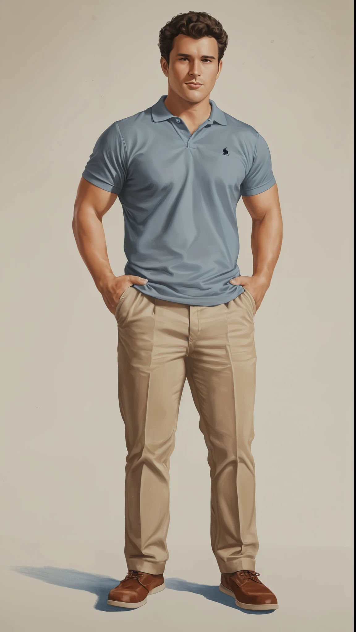 An illustrated movie poster, hand-drawn, full color, a man, 28 years-old, wearing a polo shirt and chino pants, sun-tanned skin, stocky physique, soft belly, slightly chubby, deep brown eyes, wide bulbous nose, full lips, black hair, curly pompadour, thick bushy eyebrows, extremely hairy chest, stomach, and arms, lots of body hair, posing on a pedestal, hard shadows, graphite shading, stencil markings, airbrushed acrylic paint, masterpiece