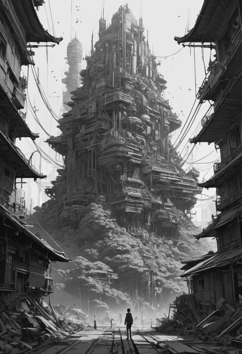 Anime line art, by Beeple, sketch, best quality, masterpiece, very aesthetic, perfect composition, intricate details, ultra-detailed, B&W